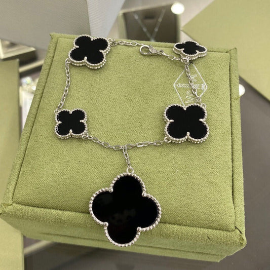 [Charm Aries Jewelry]CLOVER 5 MOTIFS SIVLER ONYX BRACELET