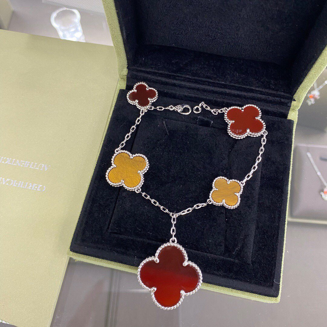 [Charm Aries Jewelry]CLOVER 5 MOTIFS SIVLER CARNELIAN TIGER EYE BRACELET