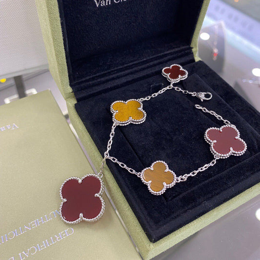 [Charm Aries Jewelry]CLOVER 5 MOTIFS SIVLER CARNELIAN TIGER EYE BRACELET