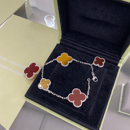 [Charm Aries Jewelry]CLOVER 5 MOTIFS SIVLER CARNELIAN TIGER EYE BRACELET