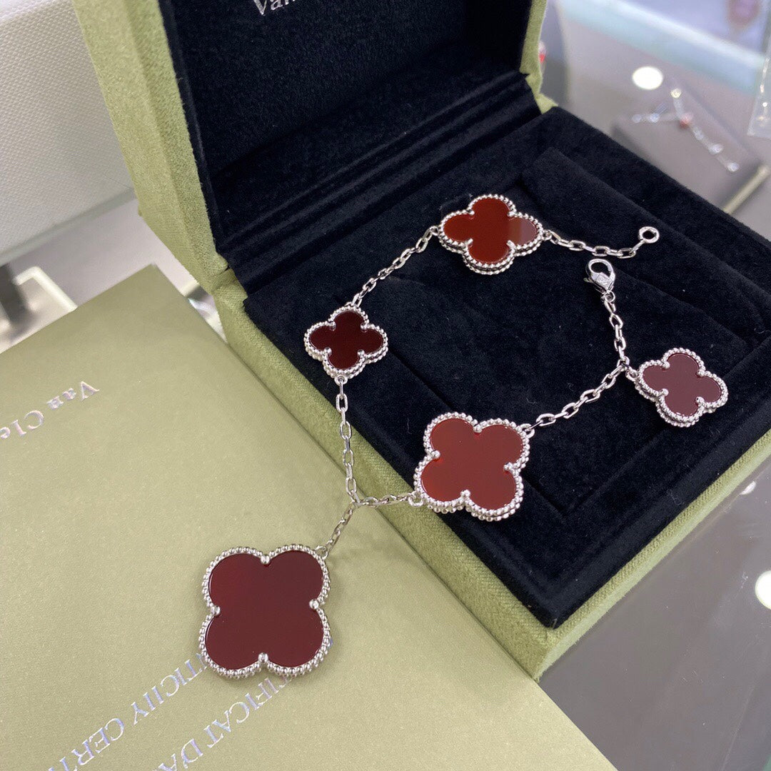 [Charm Aries Jewelry]CLOVER 5 MOTIFS SIVLER CARNELIAN BRACELET