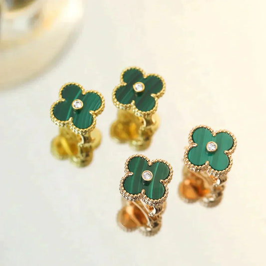 [Charm Aries Jewelry]CLOVER MEDIUM 1 MOTIFS MALACHITE DIAMOND EARRINGS