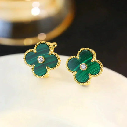 [Charm Aries Jewelry]CLOVER MEDIUM 1 MOTIFS MALACHITE DIAMOND EARRINGS