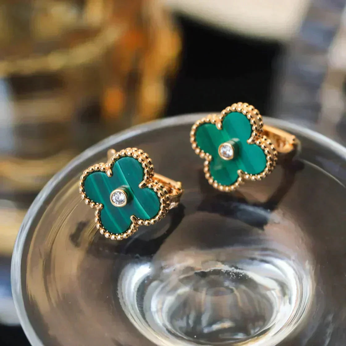 [Charm Aries Jewelry]CLOVER MEDIUM 1 MOTIFS MALACHITE DIAMOND EARRINGS