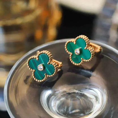 [Charm Aries Jewelry]CLOVER MEDIUM 1 MOTIFS MALACHITE DIAMOND EARRINGS
