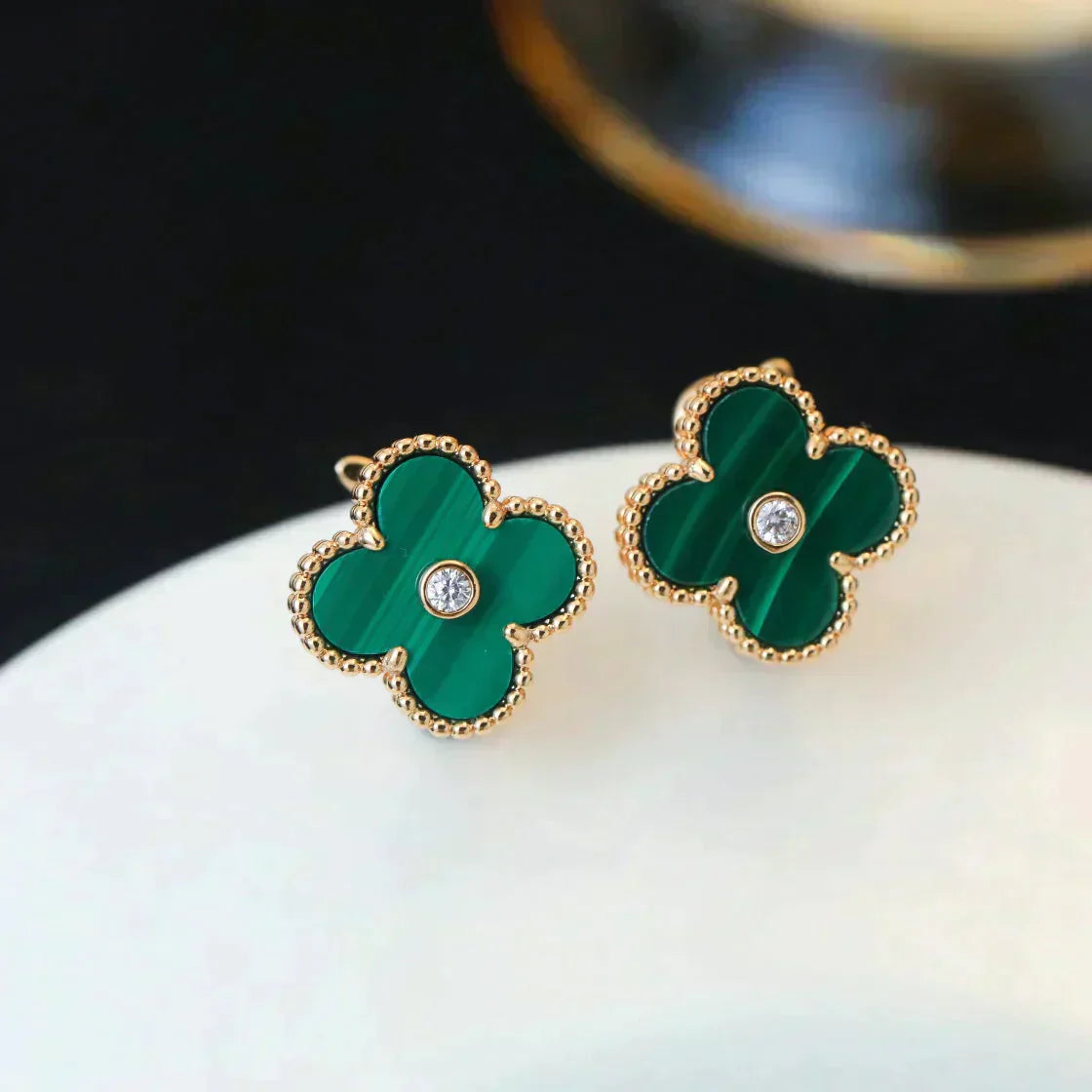 [Charm Aries Jewelry]CLOVER MEDIUM 1 MOTIFS MALACHITE DIAMOND EARRINGS