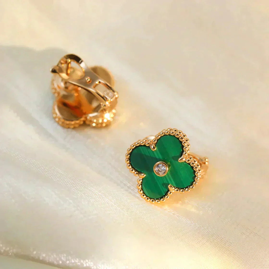 [Charm Aries Jewelry]CLOVER MEDIUM 1 MOTIFS MALACHITE DIAMOND EARRINGS