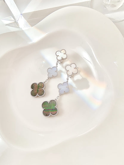 [Charm Aries Jewelry]CLOVER 3 MOTIFS CHALCEDONY DARK MOP SILVER EARRINGS
