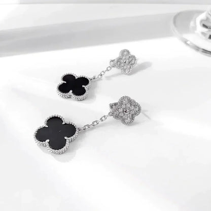 [Charm Aries Jewelry]CLOVER 2 MOTIFS  DIAMOND ONYX EARRINGS SILVER
