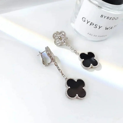 [Charm Aries Jewelry]CLOVER 2 MOTIFS  DIAMOND ONYX EARRINGS SILVER