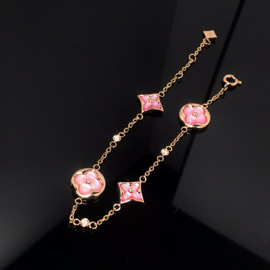 [Charm Aries Jewelry]STAR AND SUN 4 MOTIF PINK MOP PINK GOLD BRACELET