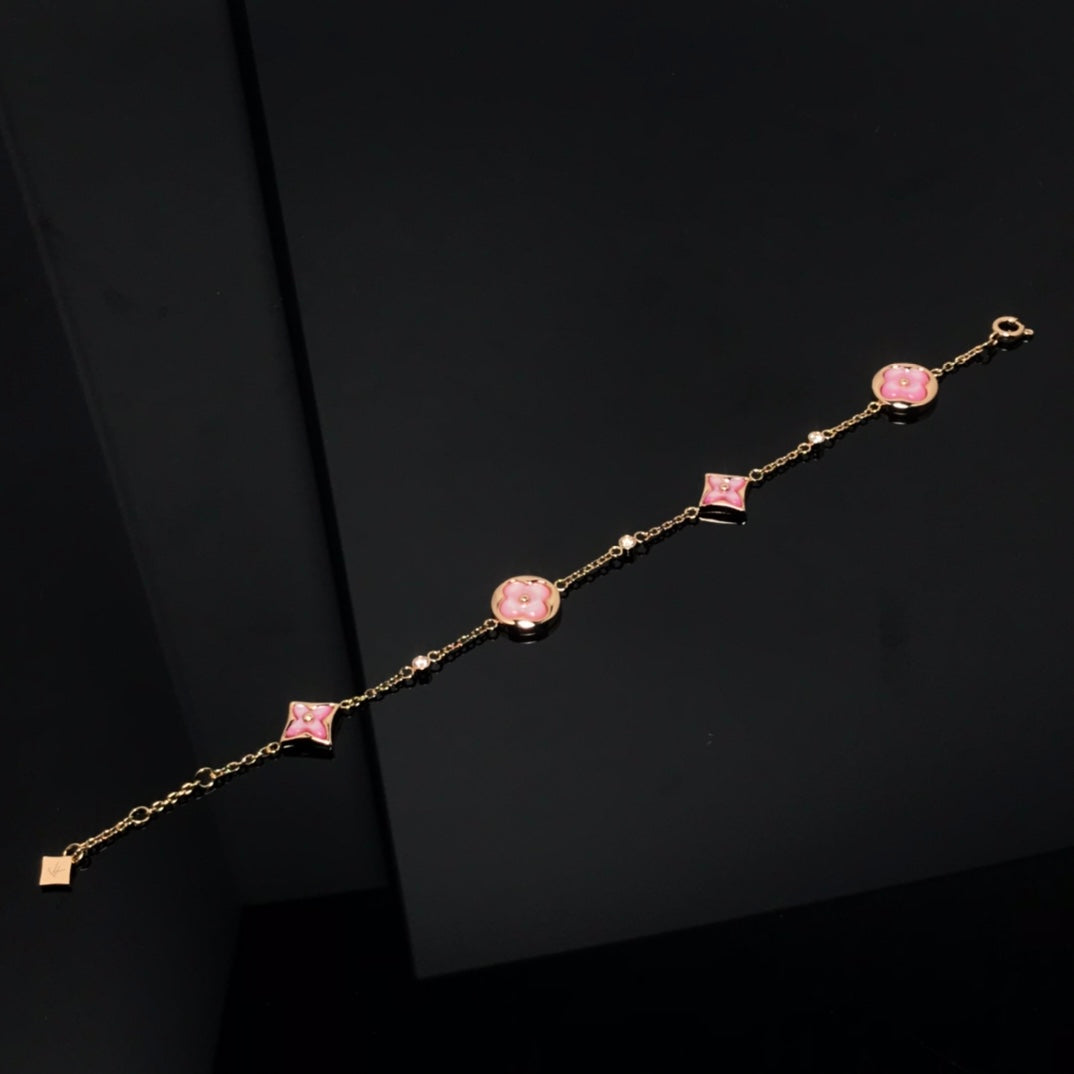 [Charm Aries Jewelry]STAR AND SUN 4 MOTIF PINK MOP PINK GOLD BRACELET