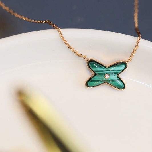 [Charm Aries Jewelry]JEUX MALACHITE 1 DIAMOND PINK GOLD NECKLACE