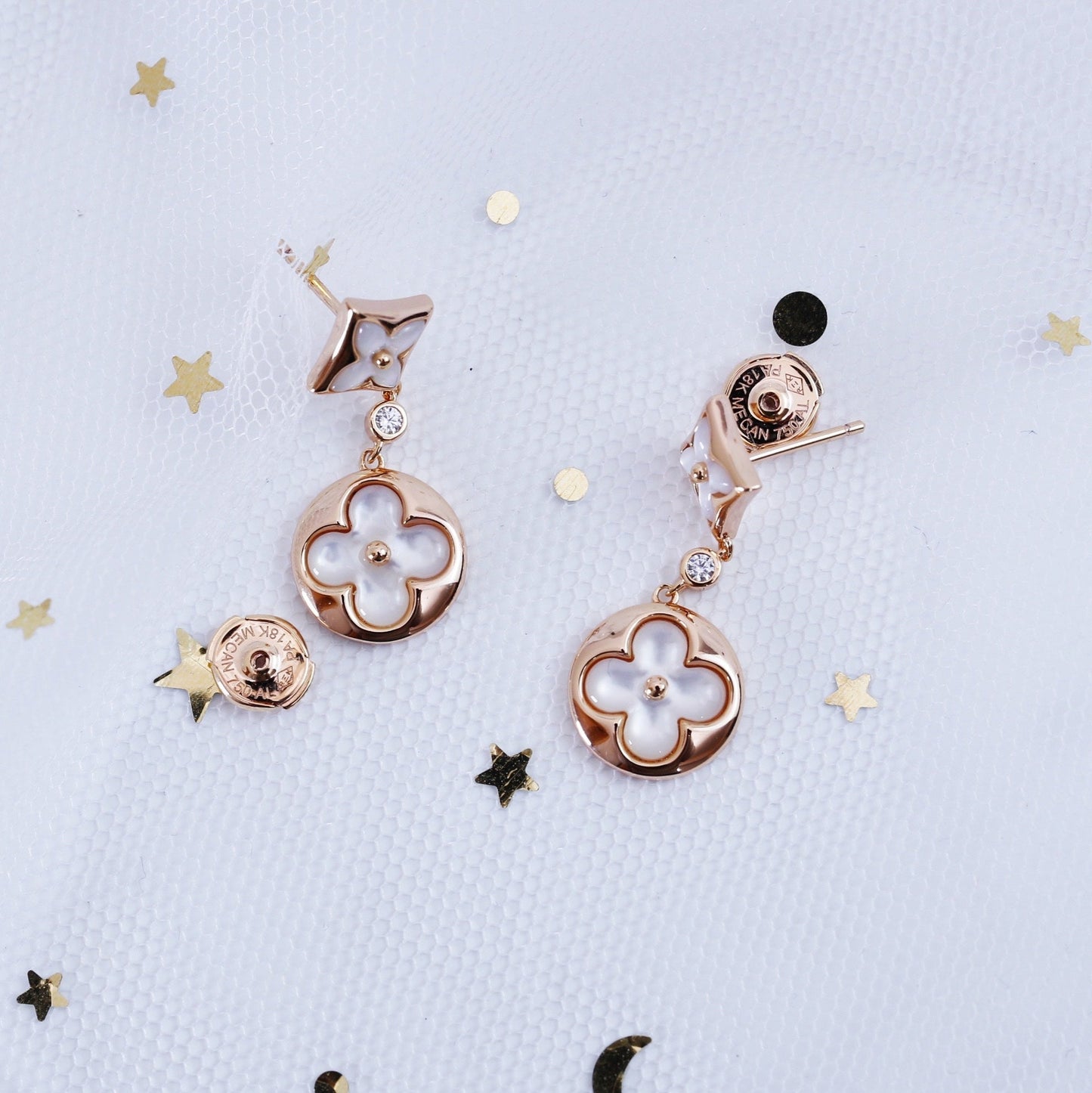 [Charm Aries Jewelry]STAR AND SUN PINK GOLD MOP DROP EARRINGS