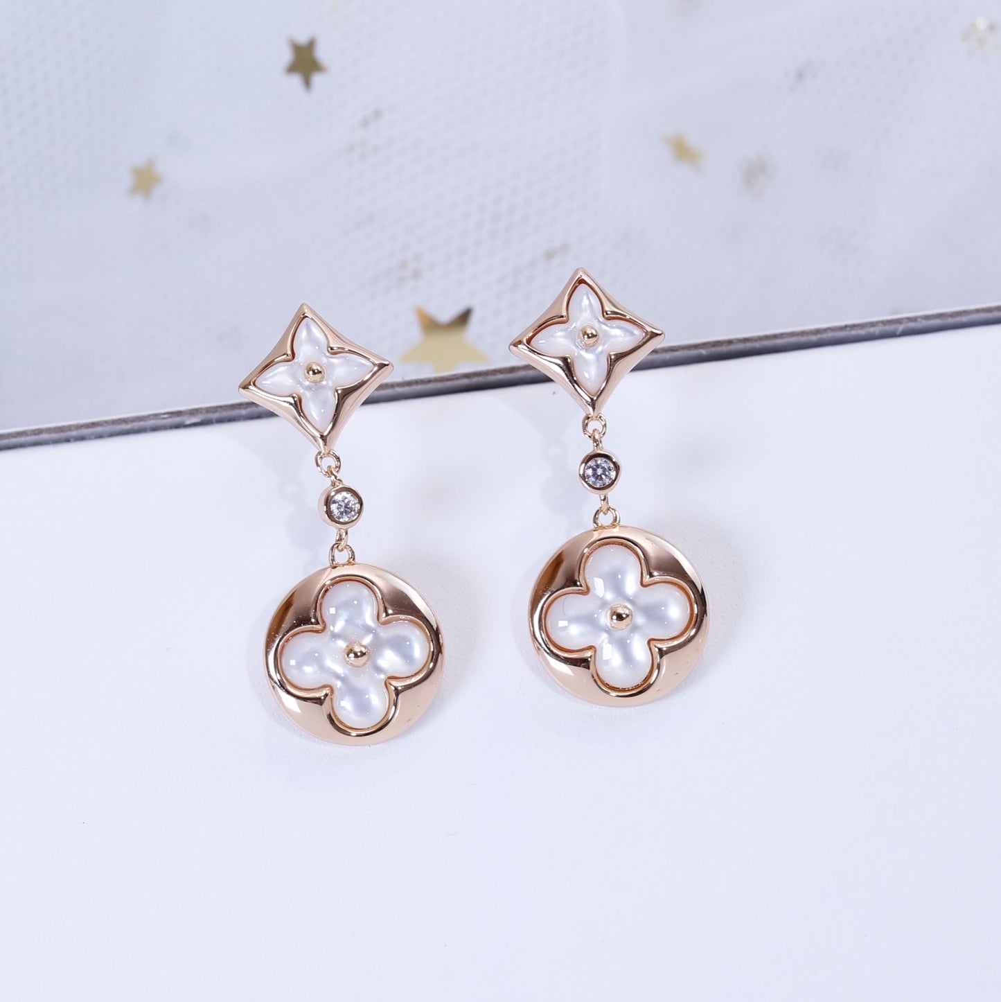 [Charm Aries Jewelry]STAR AND SUN PINK GOLD MOP DROP EARRINGS
