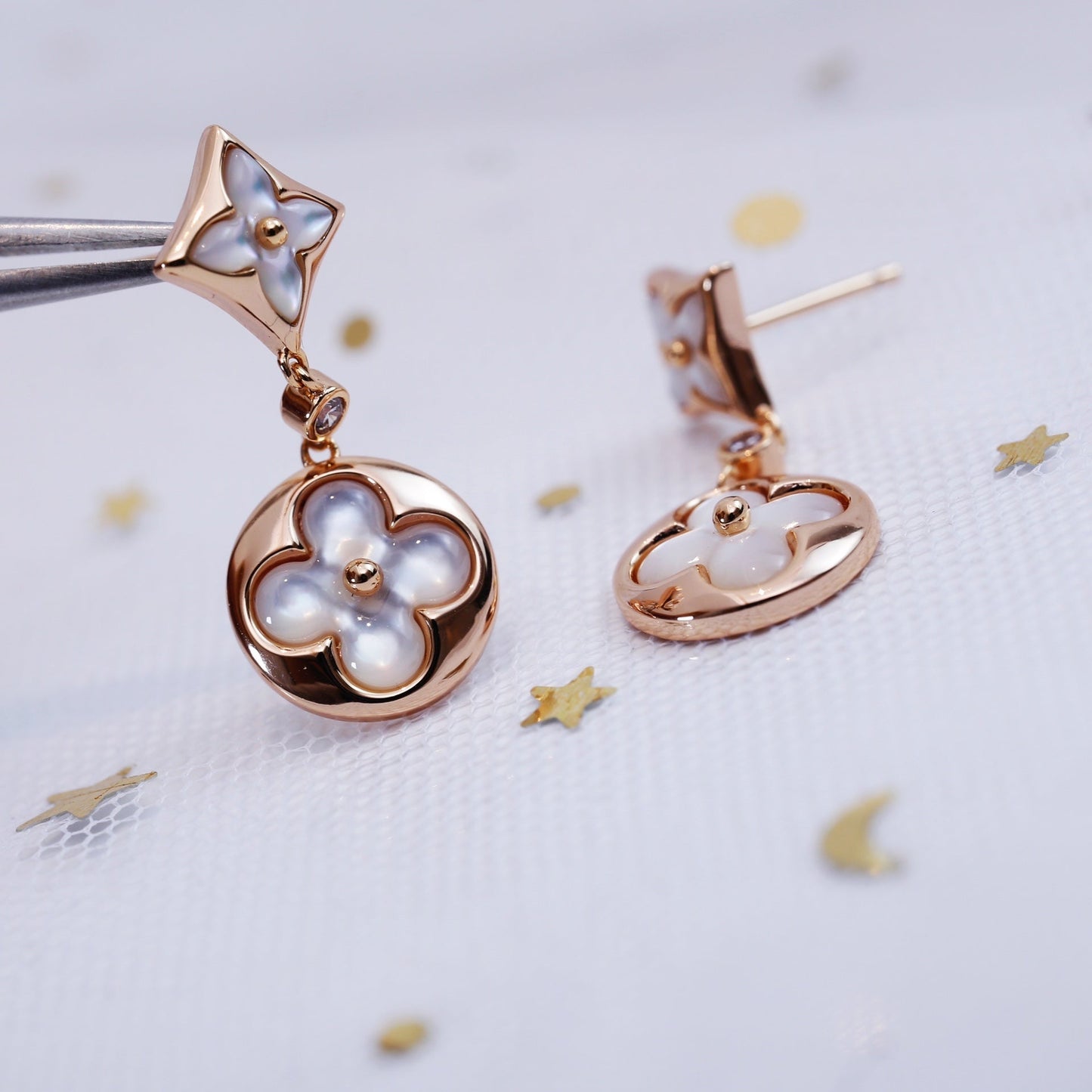 [Charm Aries Jewelry]STAR AND SUN PINK GOLD MOP DROP EARRINGS