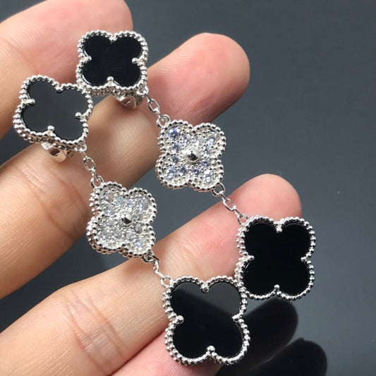 [Charm Aries Jewelry]CLOVER 3 MOTIF DIAMOND ONYX SILVER EARRINGS