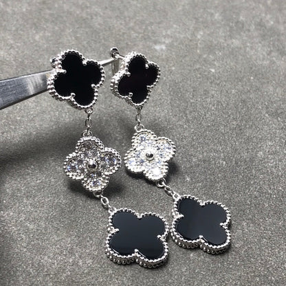 [Charm Aries Jewelry]CLOVER 3 MOTIF DIAMOND ONYX SILVER EARRINGS
