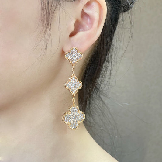 [Charm Aries Jewelry]CLOVER 3 MOTIFS DIAMOND PAVED ROSE GOLD EARRINGS