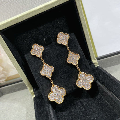 [Charm Aries Jewelry]CLOVER 3 MOTIFS DIAMOND PAVED ROSE GOLD EARRINGS