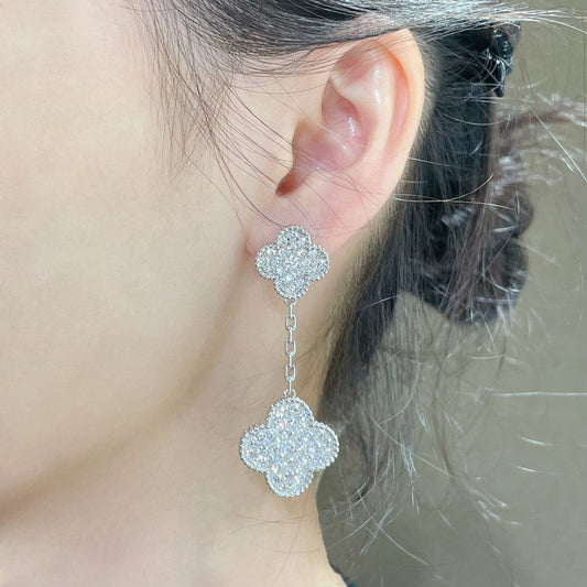 [Charm Aries Jewelry]CLOVER 2 MOTIFS DIAMOND PAVED SILVER EARRINGS