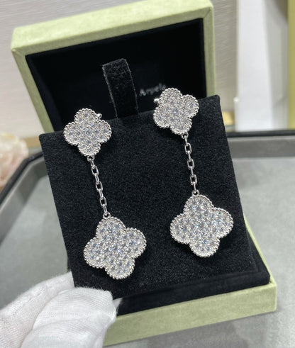 [Charm Aries Jewelry]CLOVER 2 MOTIFS DIAMOND PAVED SILVER EARRINGS
