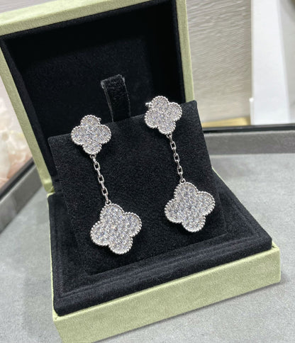 [Charm Aries Jewelry]CLOVER 2 MOTIFS DIAMOND PAVED SILVER EARRINGS