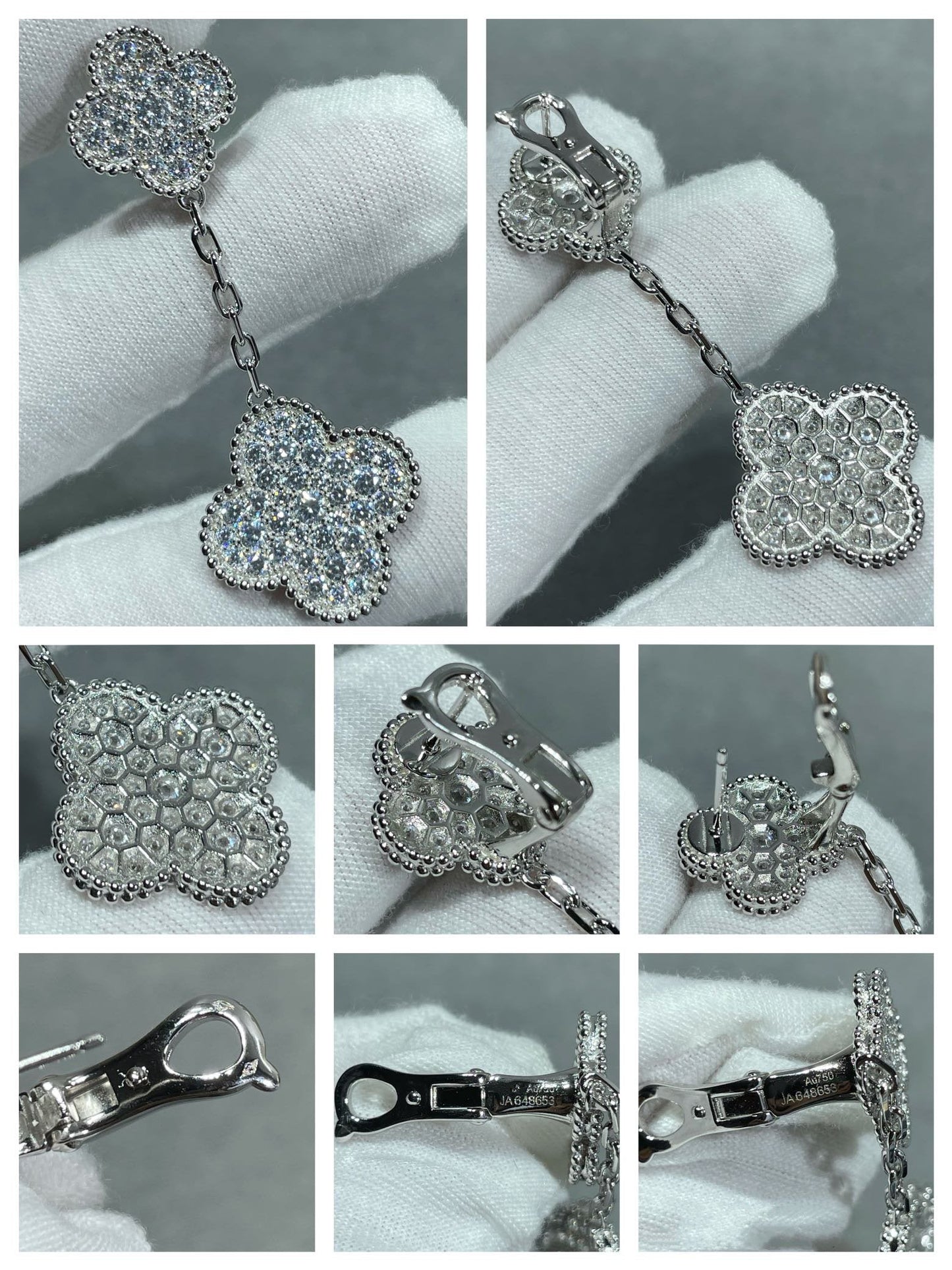 [Charm Aries Jewelry]CLOVER 2 MOTIFS DIAMOND PAVED SILVER EARRINGS