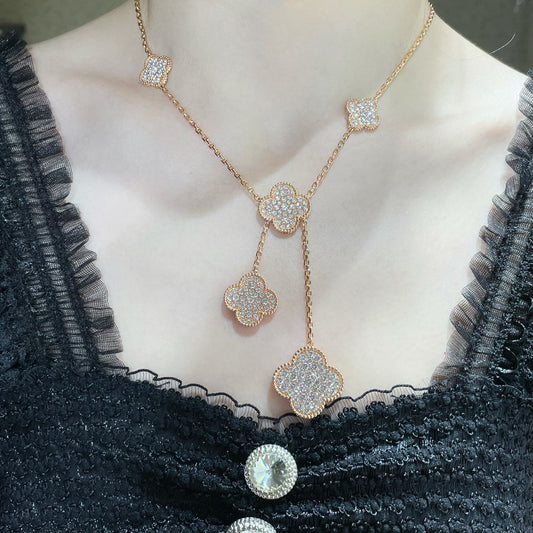 [Charm Aries Jewelry]CLOVER 6 MOTIF DIAMOND PAVED NECKLACE