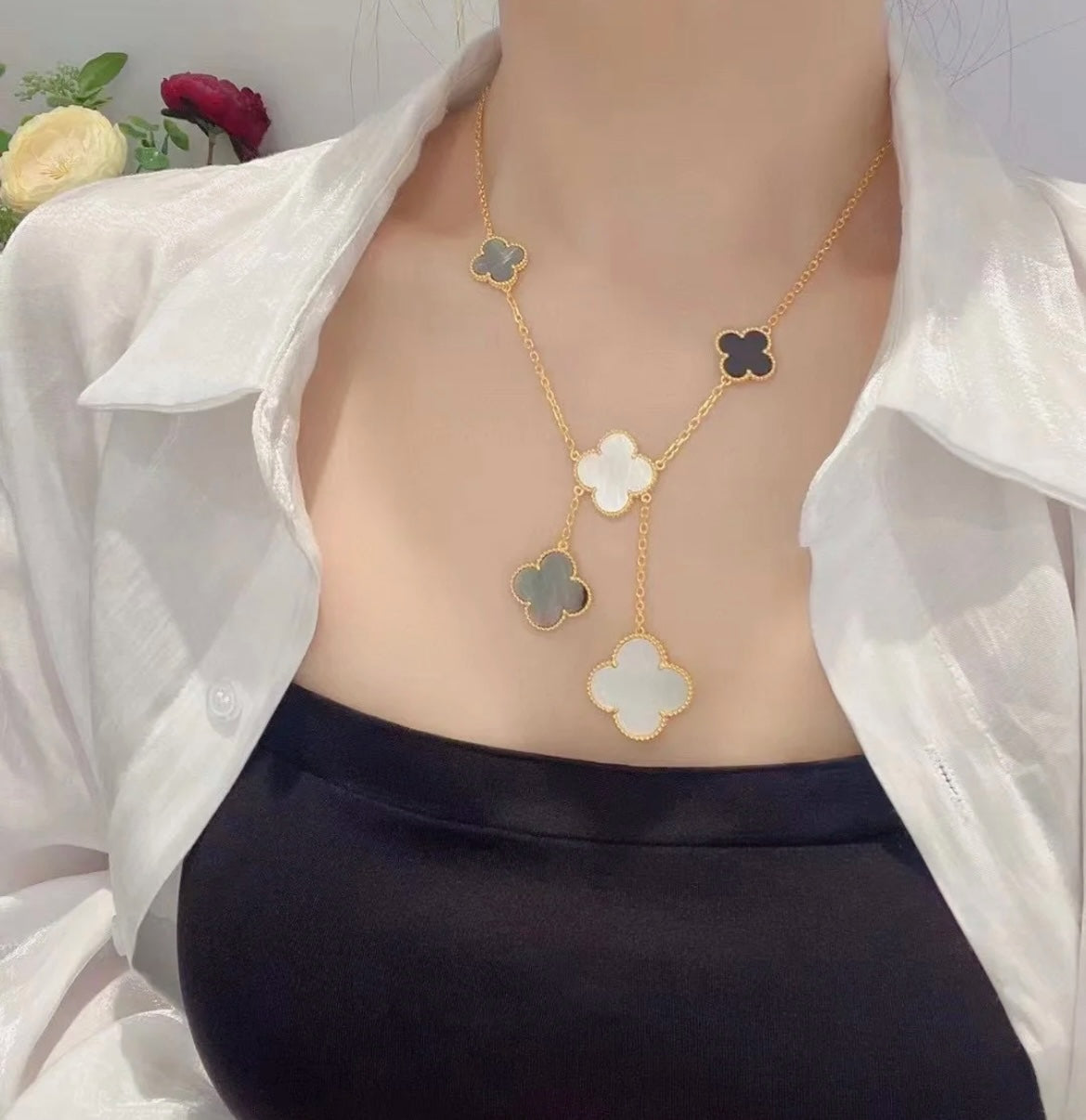 [Charm Aries Jewelry]CLOVER 6 MOTIF MOP ONYX GOLD NECKLACE