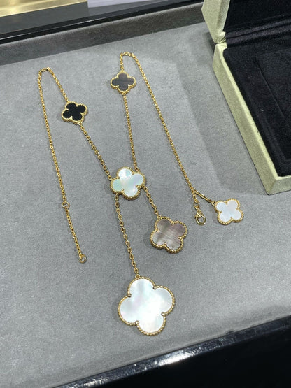 [Charm Aries Jewelry]CLOVER 6 MOTIF MOP ONYX GOLD NECKLACE