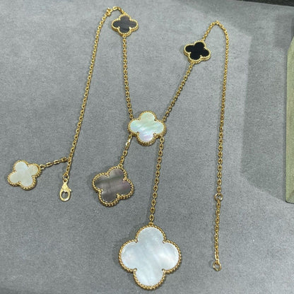 [Charm Aries Jewelry]CLOVER 6 MOTIF MOP ONYX GOLD NECKLACE