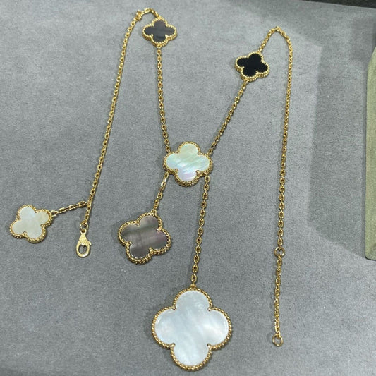 [Charm Aries Jewelry]CLOVER 6 MOTIF MOP ONYX GOLD NECKLACE