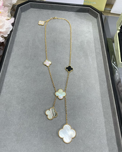 [Charm Aries Jewelry]CLOVER 6 MOTIF MOP ONYX GOLD NECKLACE