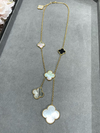 [Charm Aries Jewelry]CLOVER 6 MOTIF MOP ONYX GOLD NECKLACE