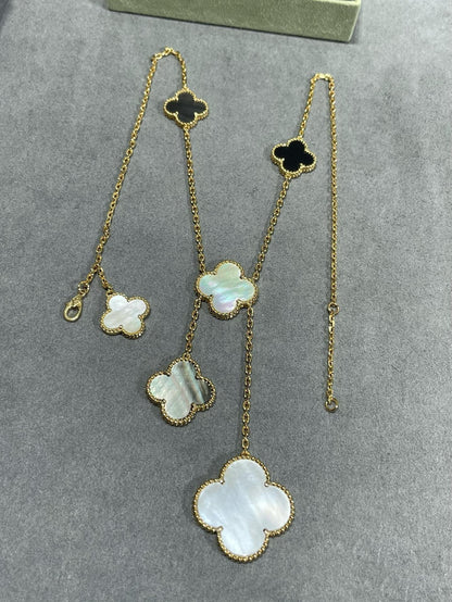 [Charm Aries Jewelry]CLOVER 6 MOTIF MOP ONYX GOLD NECKLACE