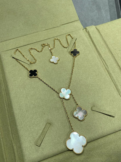 [Charm Aries Jewelry]CLOVER 6 MOTIF MOP ONYX GOLD NECKLACE