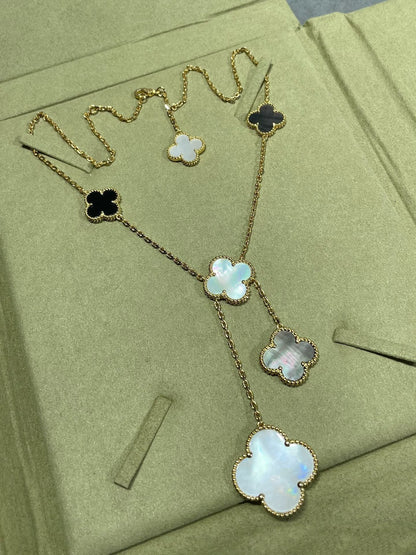 [Charm Aries Jewelry]CLOVER 6 MOTIF MOP ONYX GOLD NECKLACE