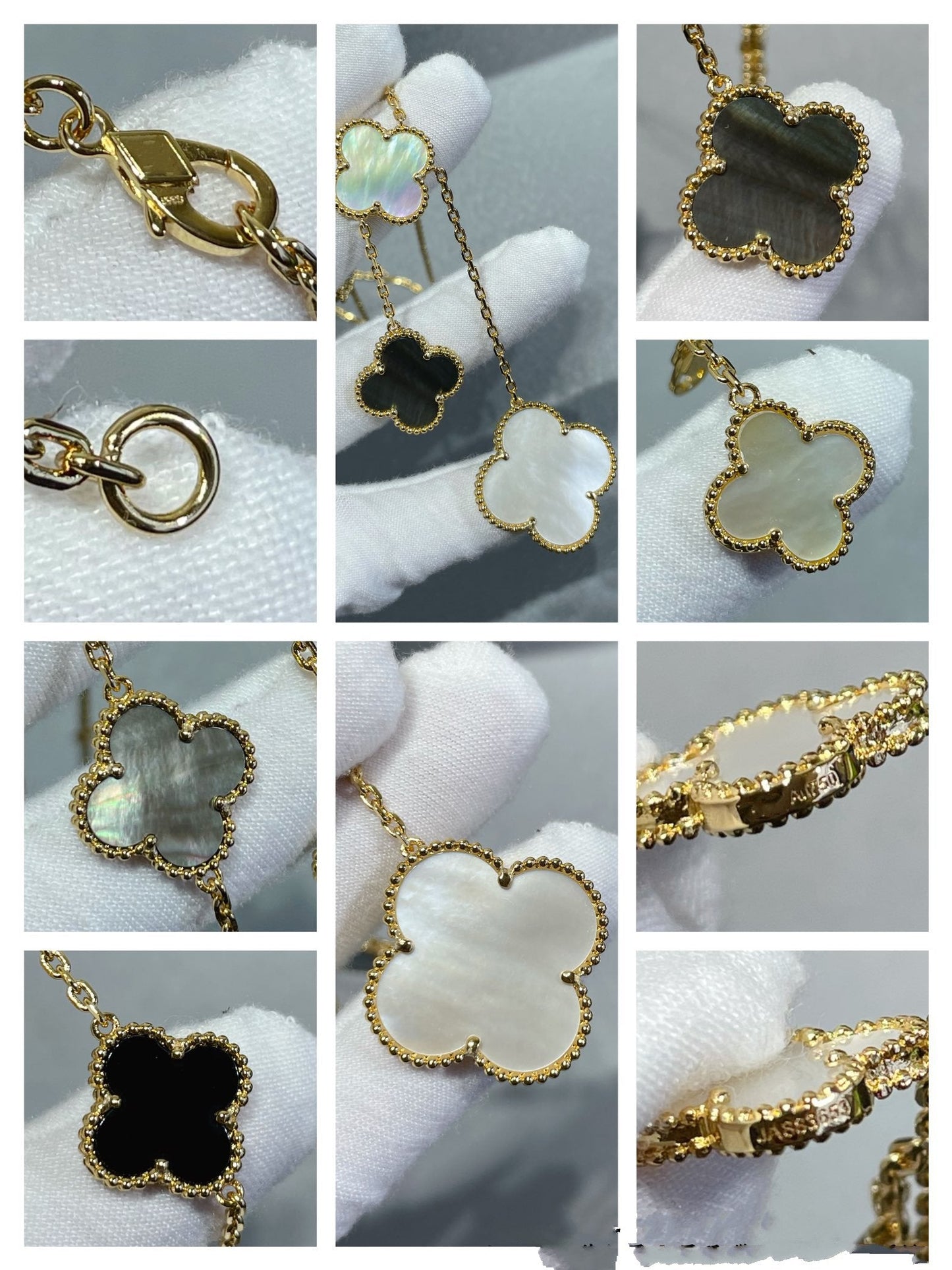 [Charm Aries Jewelry]CLOVER 6 MOTIF MOP ONYX GOLD NECKLACE