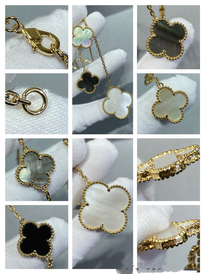 [Charm Aries Jewelry]CLOVER 6 MOTIF MOP ONYX GOLD NECKLACE