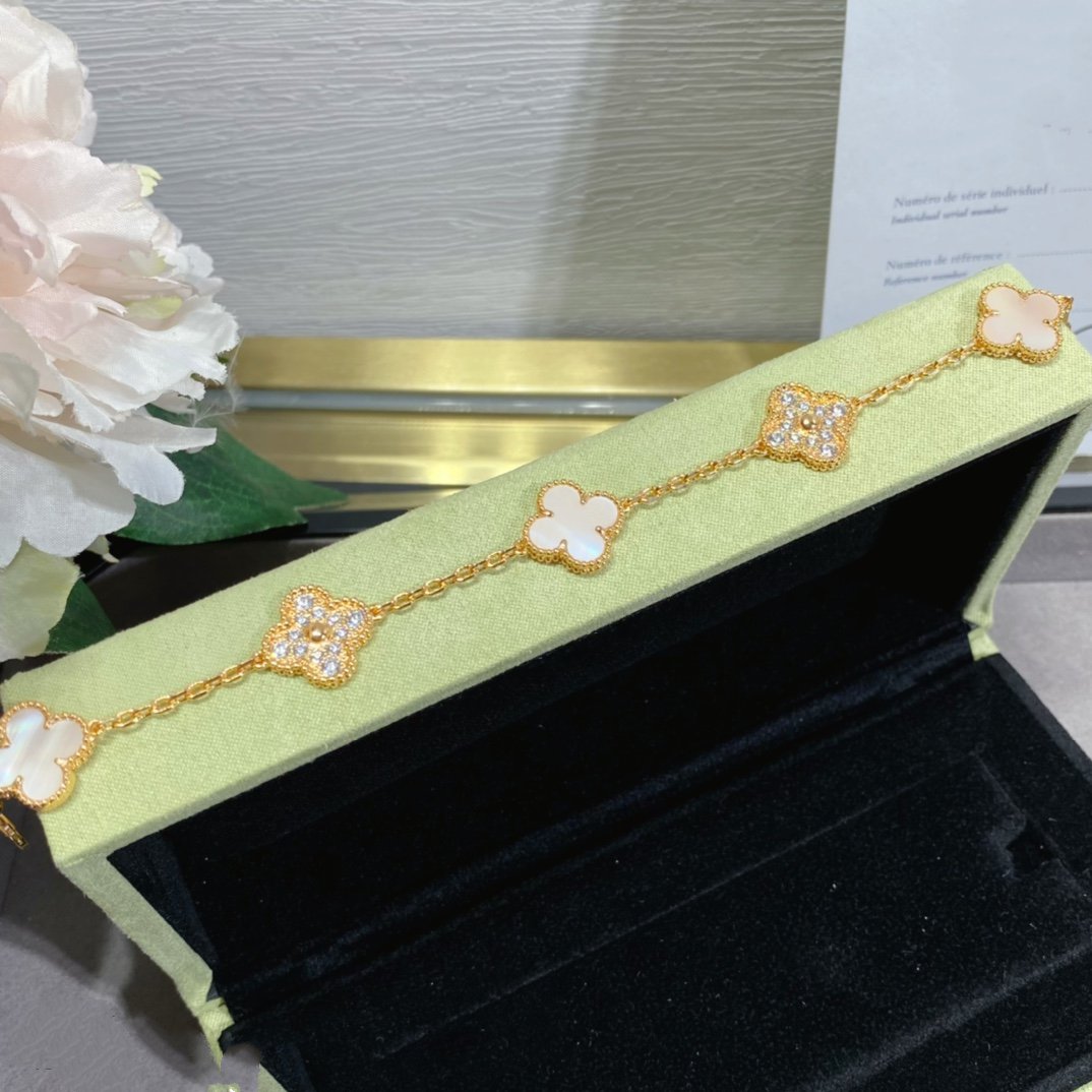 [Charm Aries Jewelry]CLOVER 5 MOTIF DIAMOND PINK MOP PINK GOLD BRACELET