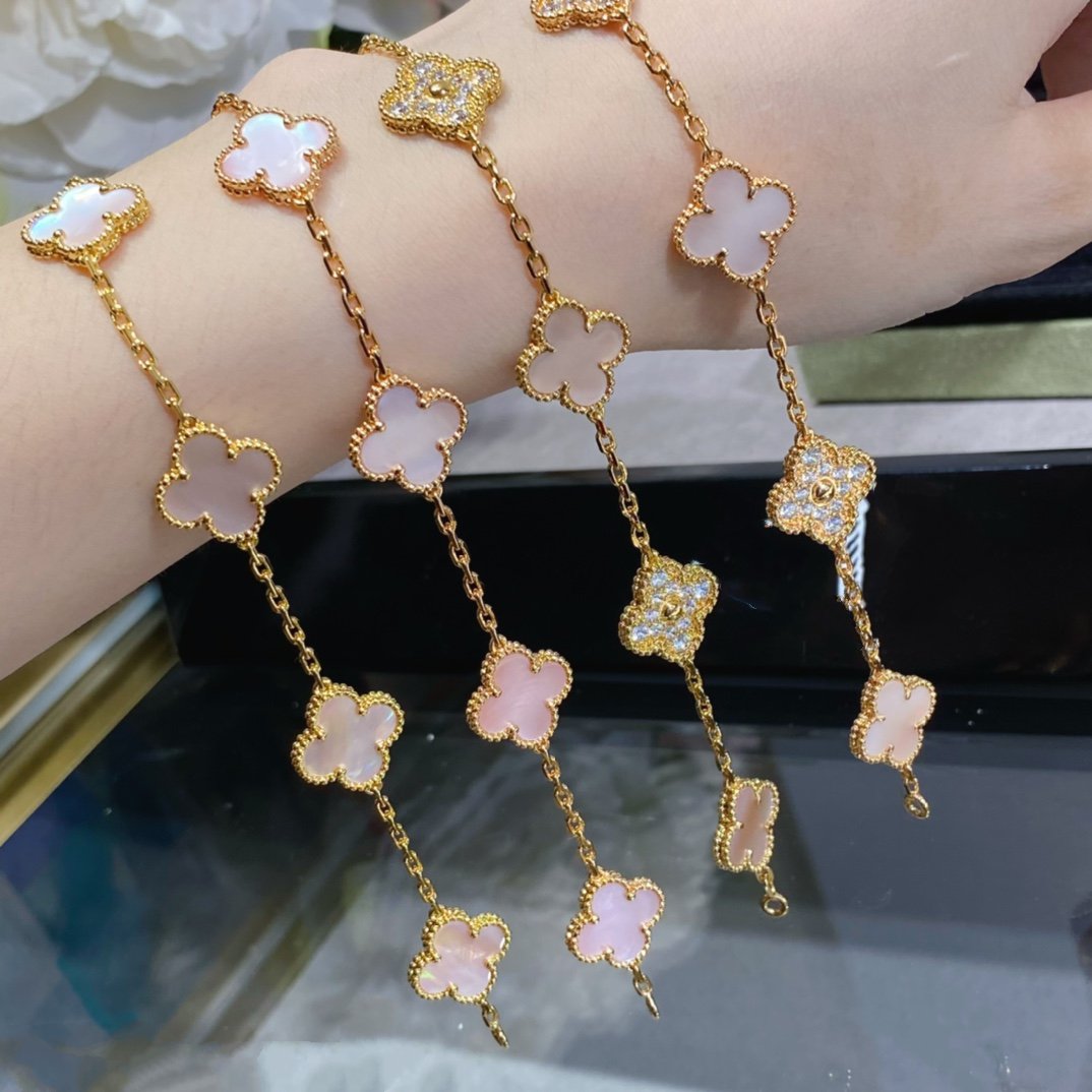 [Charm Aries Jewelry]CLOVER 5 MOTIF DIAMOND PINK MOP PINK GOLD BRACELET
