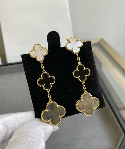 [Charm Aries Jewelry]CLOVER 3 MOTIF MOP ONYX DARK MOP PINK GOLD EARRINGS