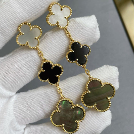 [Charm Aries Jewelry]CLOVER 3 MOTIF MOP ONYX DARK MOP PINK GOLD EARRINGS