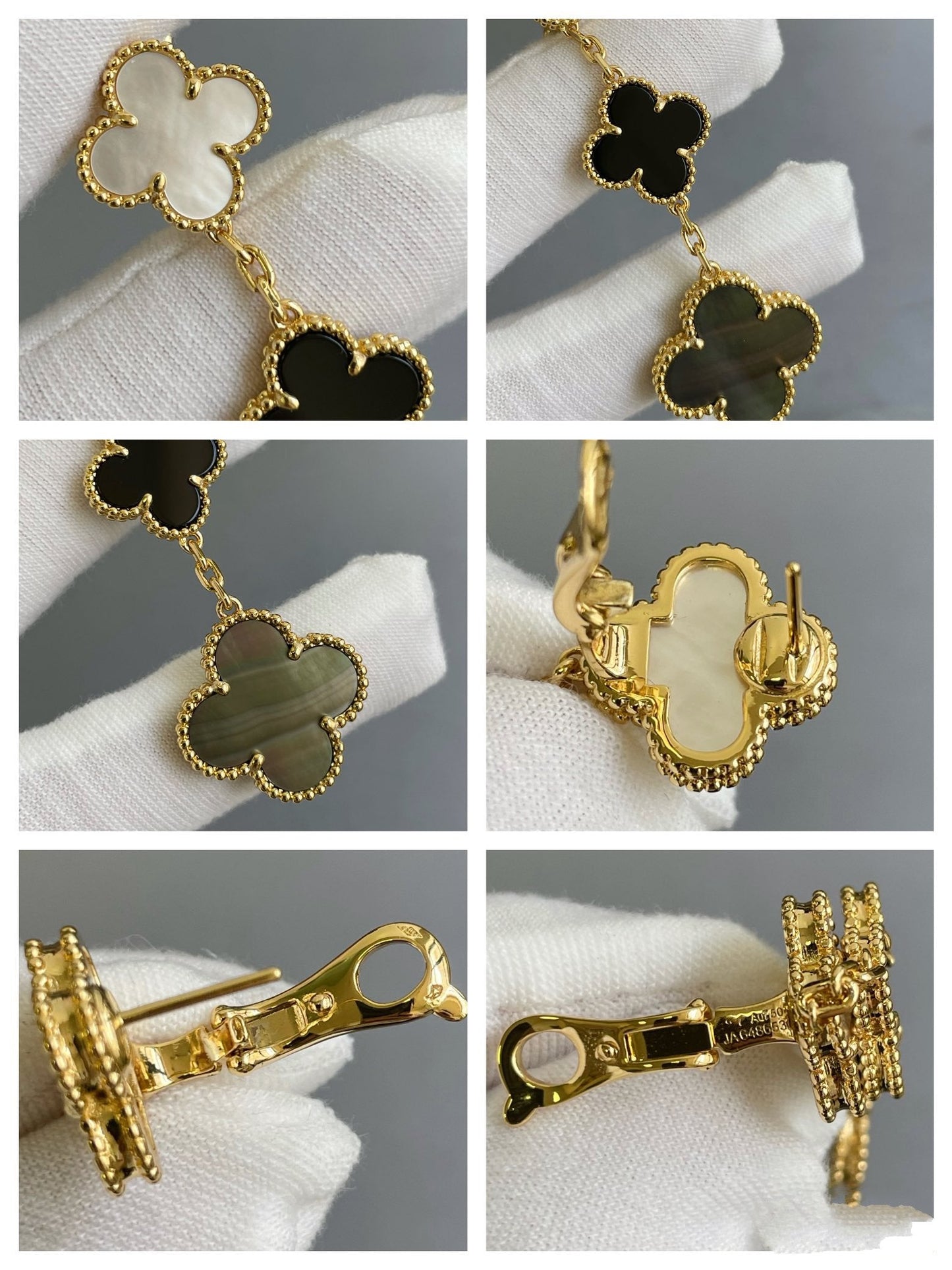 [Charm Aries Jewelry]CLOVER 3 MOTIF MOP ONYX DARK MOP PINK GOLD EARRINGS