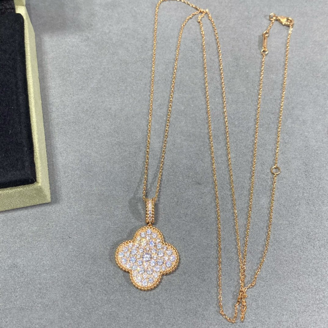 [Charm Aries Jewelry]CLOVER 25MM LARGE PEDANT DIAMOND PAVED LONG NECKLACE