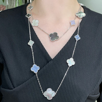 [Charm Aries Jewelry]CLOVER 16 MOTIF CHALCEDONY MOP SILVER NECKLACE