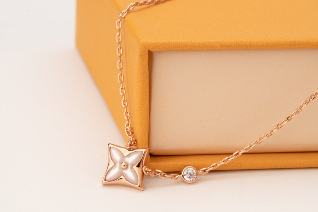 [Charm Aries Jewelry]STAR PINK MOP 1 DIAMOND PINK GOLD NECKLACE