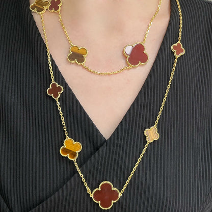 [Charm Aries Jewelry]CLOVER 16 MOTIF CARNELIAN TIGER EYE ROSE GOLD NECKLACE