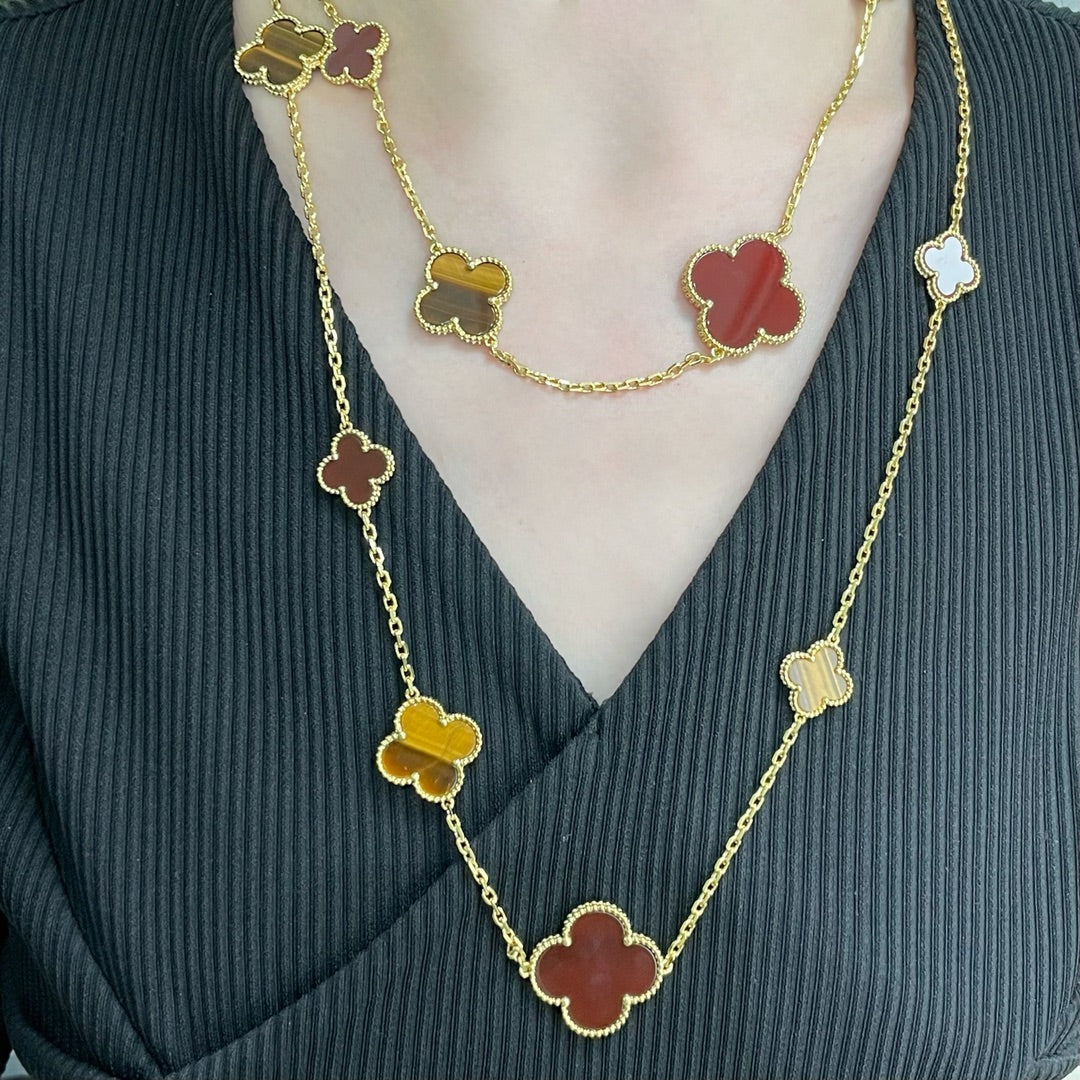 [Charm Aries Jewelry]CLOVER 16 MOTIF CARNELIAN TIGER EYE ROSE GOLD NECKLACE